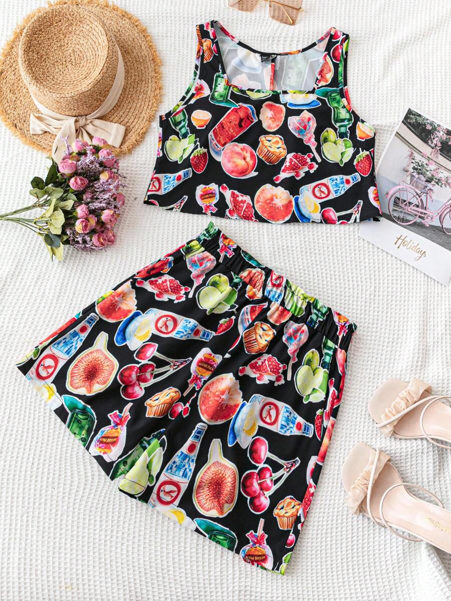 Soleia WYWH Women's Fun Print Black Vacation Tank Top And Shorts Set, Sleeveless Backless Tank Top, Casual Outfits