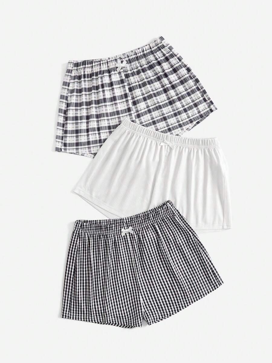 Lowkey Lull Women's 3pcs/Set Solid Color & Plaid Pattern Summer Pajama Shorts, Sleep Bottom