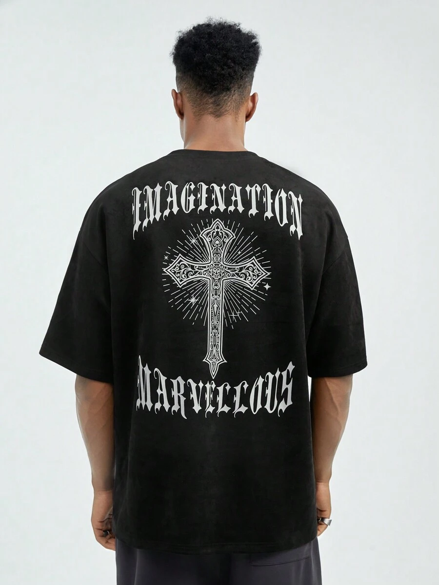 Manfinity VCAY Men's Summer Letter Cross Printed Round Neck Short Sleeve Casual T-Shirt