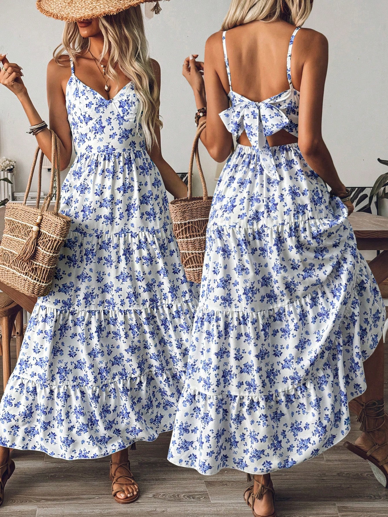Breezaya Robe longue à fines bretelles imprimée simple et rétro pour tous les jours. Tenue de vacances et de plage