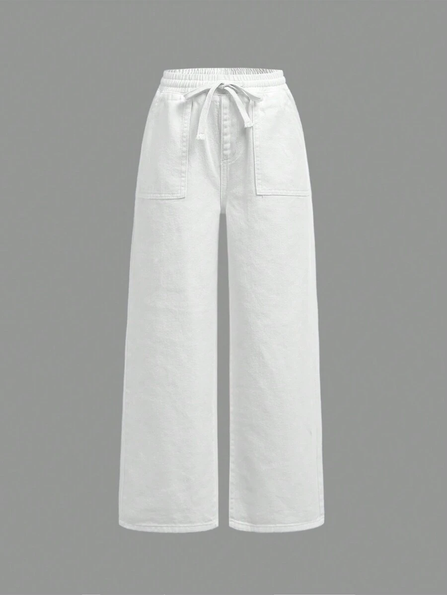 SHEIN Girlism Jeans casual com cordão na cintura e pernas largas para meninas pré-adolescentes com bolso remendado, roupas de verão para meninas