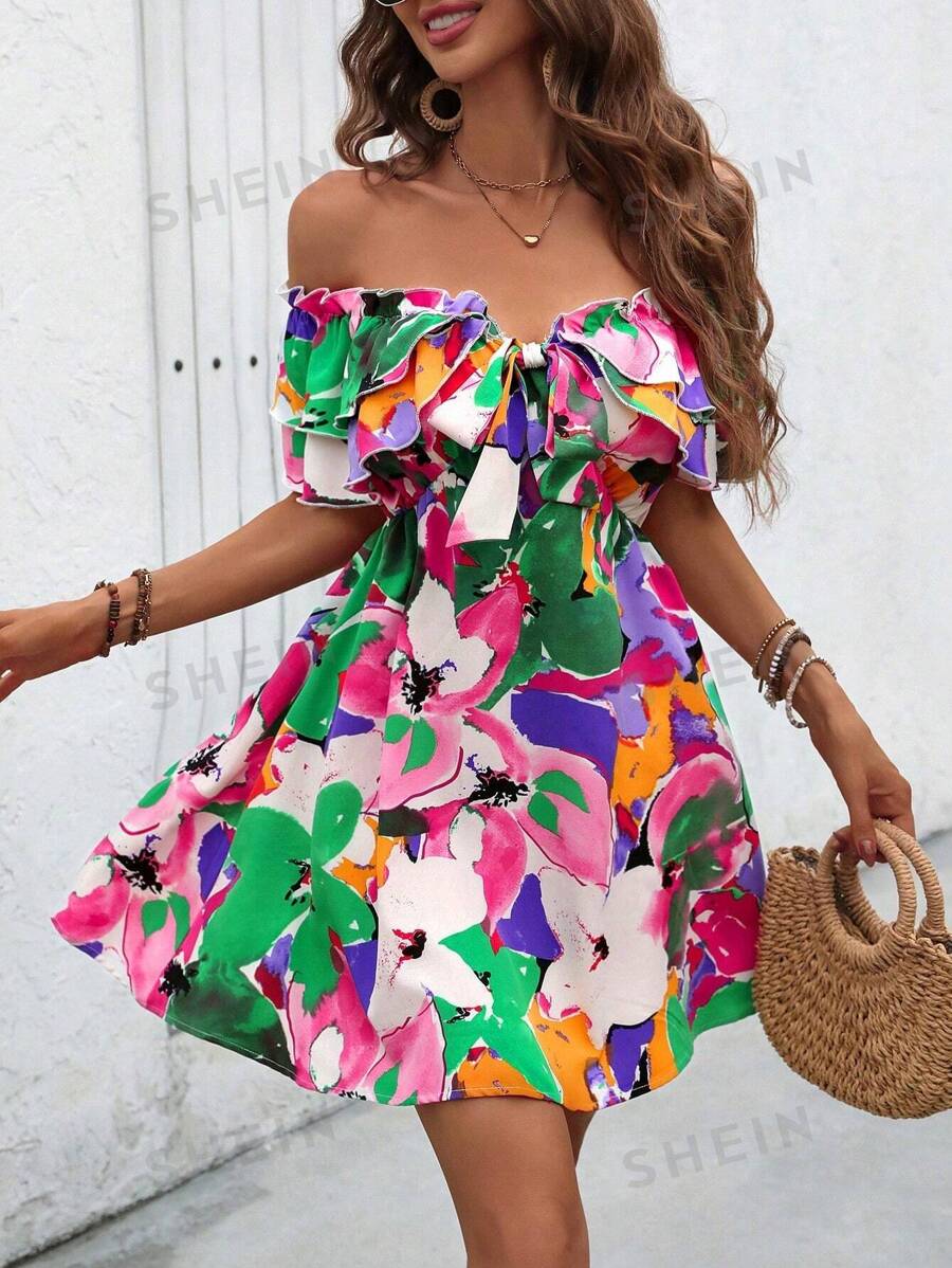 Breezaya Vestido con volantes en los hombros y borde, efecto tie-dye, con cinturón anudado, para vacaciones y playa, para mujeres