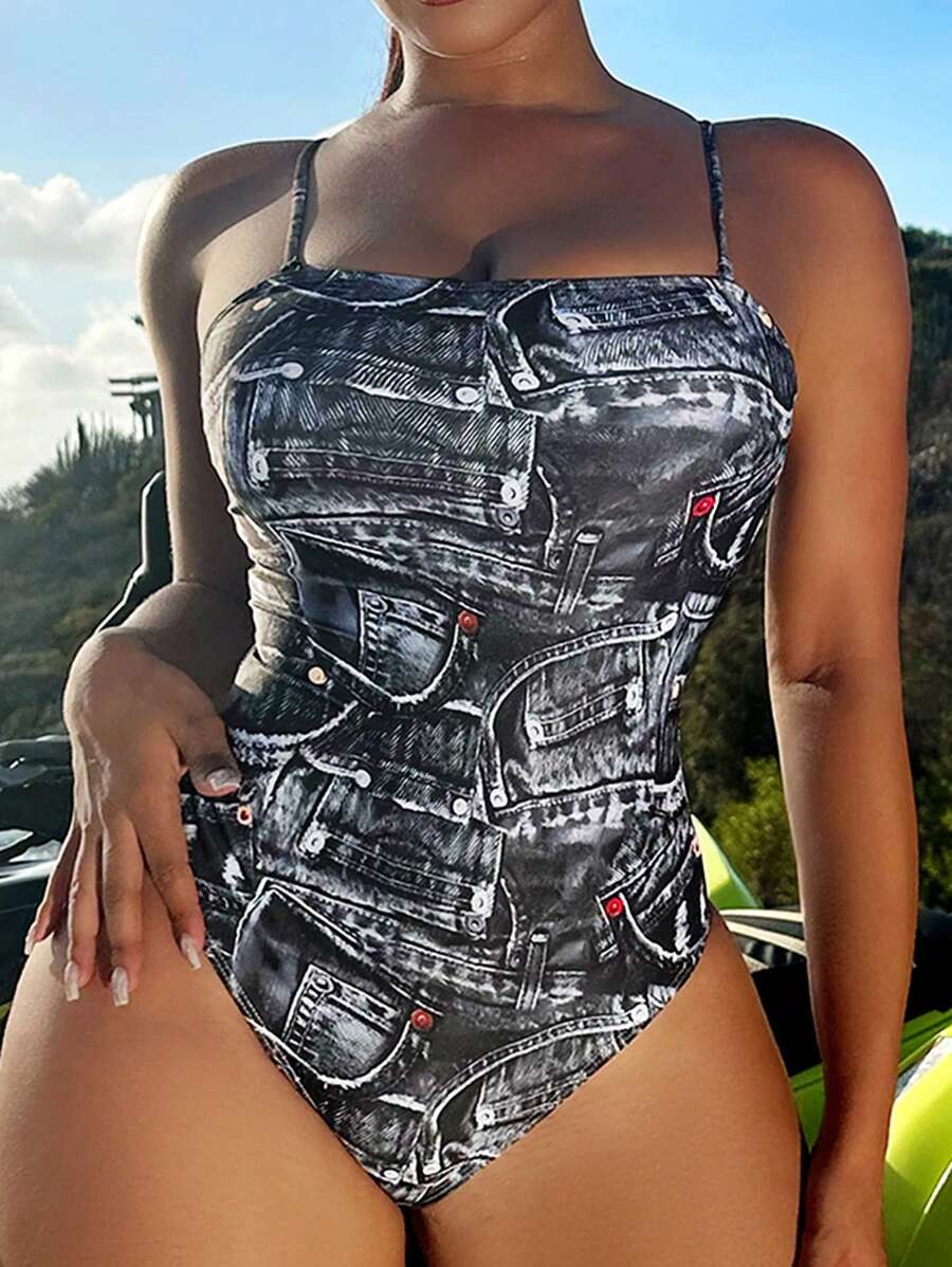 SHEIN Swim Women One-Piece Printed Swimsuit (Random Pattern) Summer