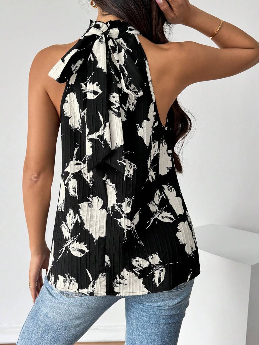 SHEIN Privé Women's Summer Casual Floral Print Neck Strap Tie Black And White Printing Shirt For Party Work, Party And Leisure Workout