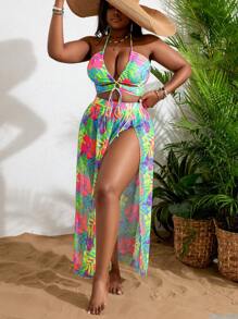 SHEIN Slayr Plus Size Women S Tropical Plant Print Halter Bikini Set And Cover Up Skirt 3pcs