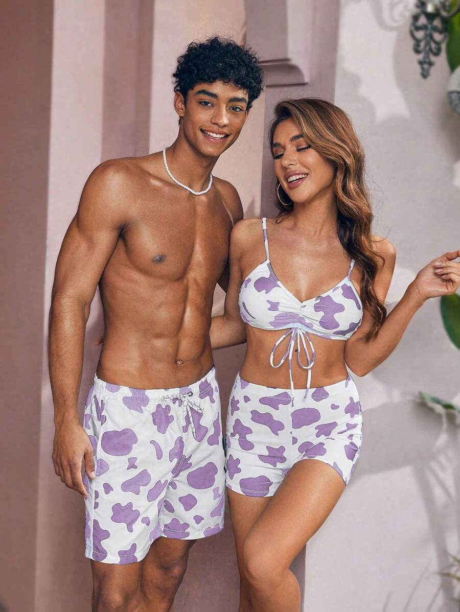 Manfinity Swimmode Men's Cow Printed Drawstring Waist Loose Fit Beach Shorts For Holiday