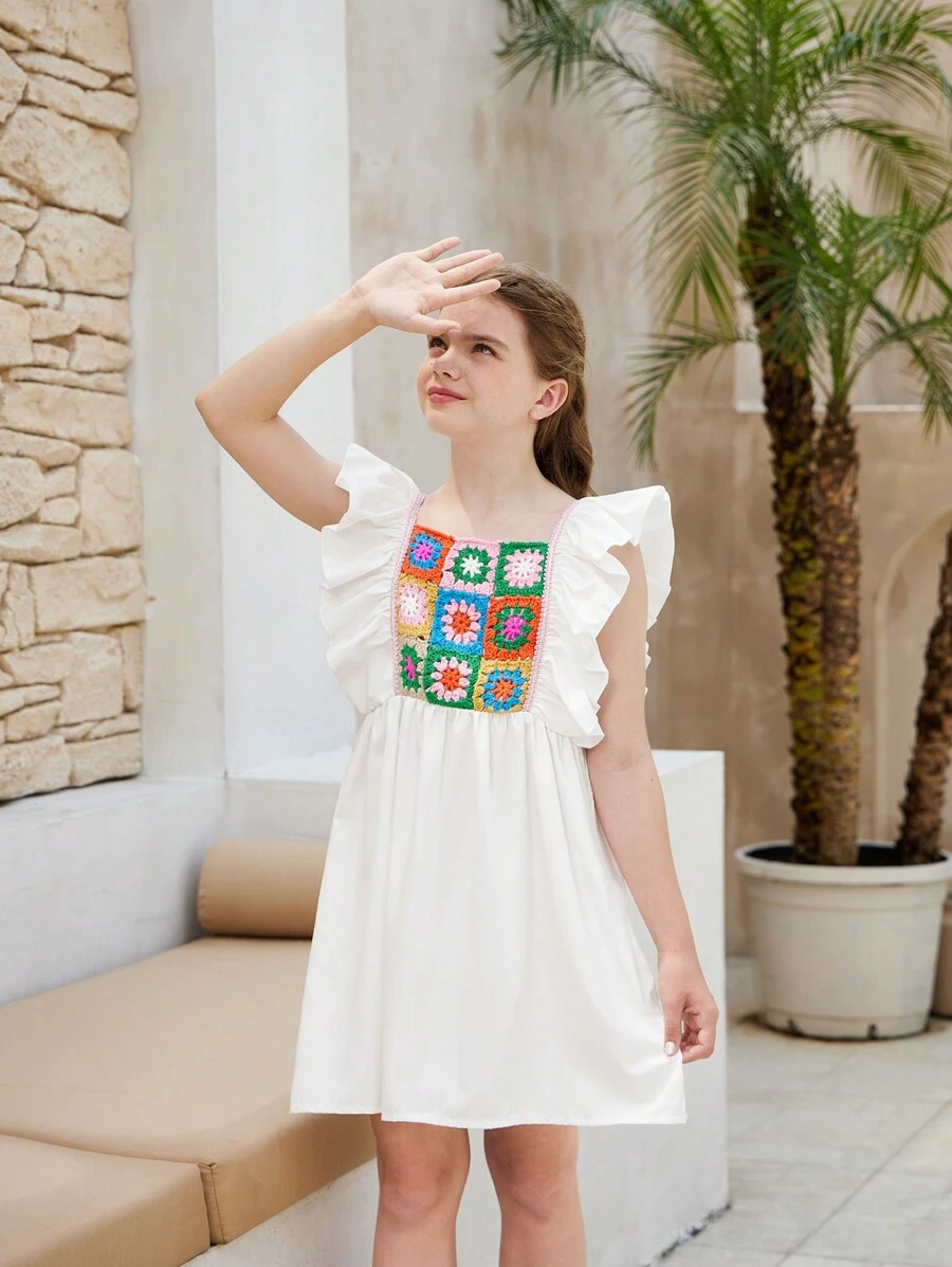 Tween Girls' Casual Academy Style Sweater Dress With Square Collar And Ruffled Patterned Hemline