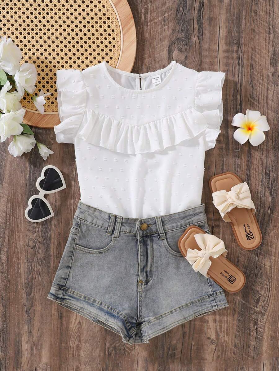 SHEIN Camisa dulce y encantadora para niña preadolescente con mangas de gorra con volante y diseño de recorte, perfecta para uso diario e informal en verano