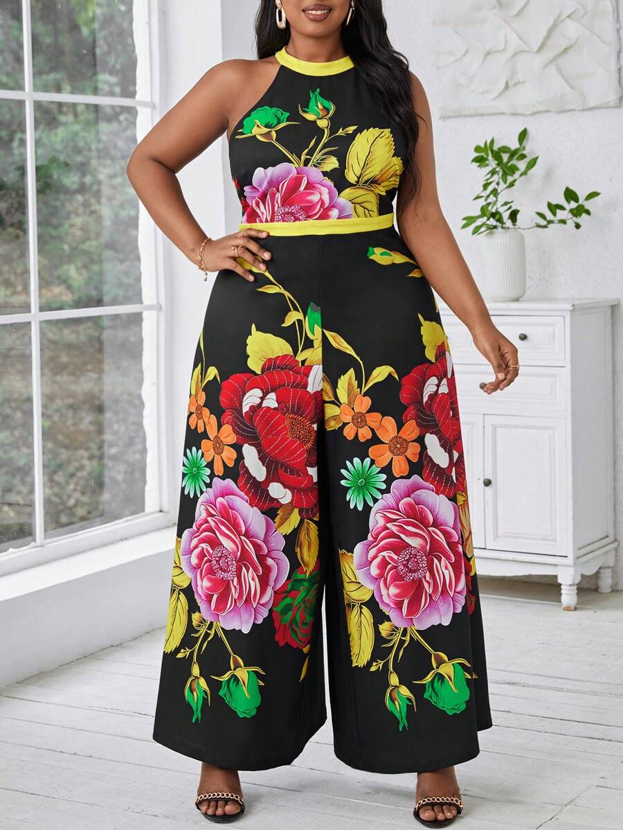 SHEIN Lady Plus size zomermuziekfestival jumpsuit met wijde pijpen, bloemmotief en halterhals