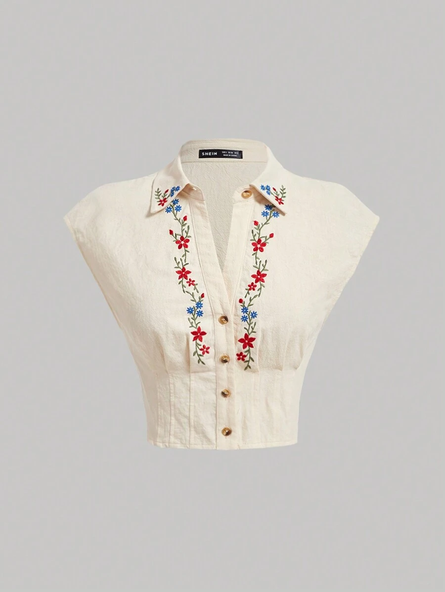 SHEIN MOD Chemise femme ajustée à manches courtes style rétro avec broderie florale, graphique mignon, Top casual d'été pour femmes