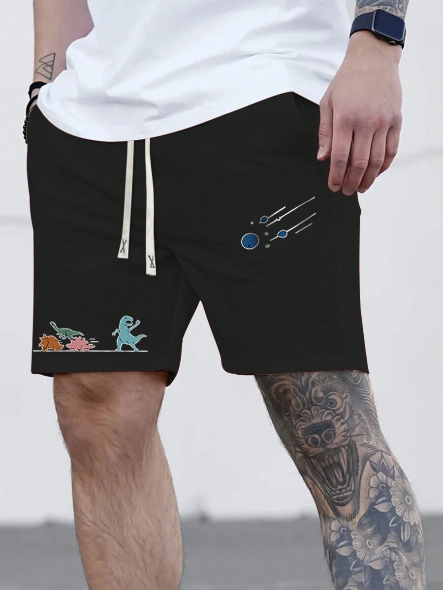 Manfinity LEGND Pantalones cortos casuales de verano con estampado de dinosaurio de dibujos animados, shorts de sudadera lisos para salir, para regalo de esposo o novio