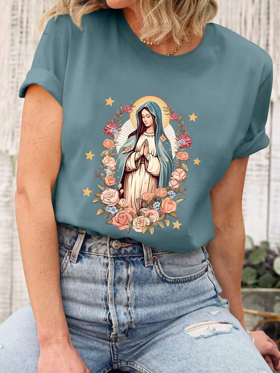 INAWLY Women's Summer Flower & Virgin Mary Printed Round Neck Short Sleeve Casual T-Shirt Graphic Tees Women Tops