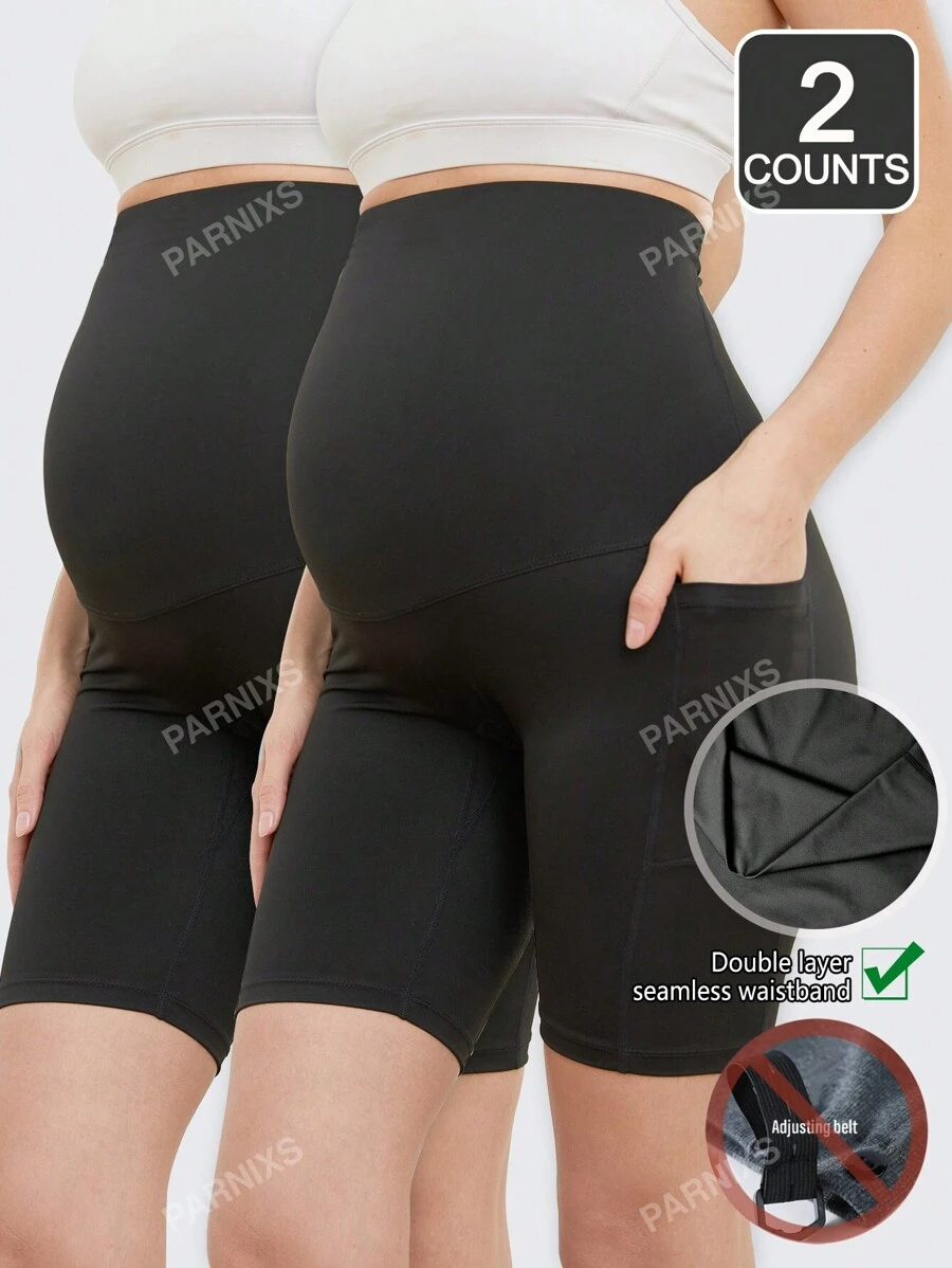 PARNIXS 2pcs Maternity Sport Tight Yoga Pants, High-Waisted & Belly-Supporting, Seamless, Ideal For Outside Wear