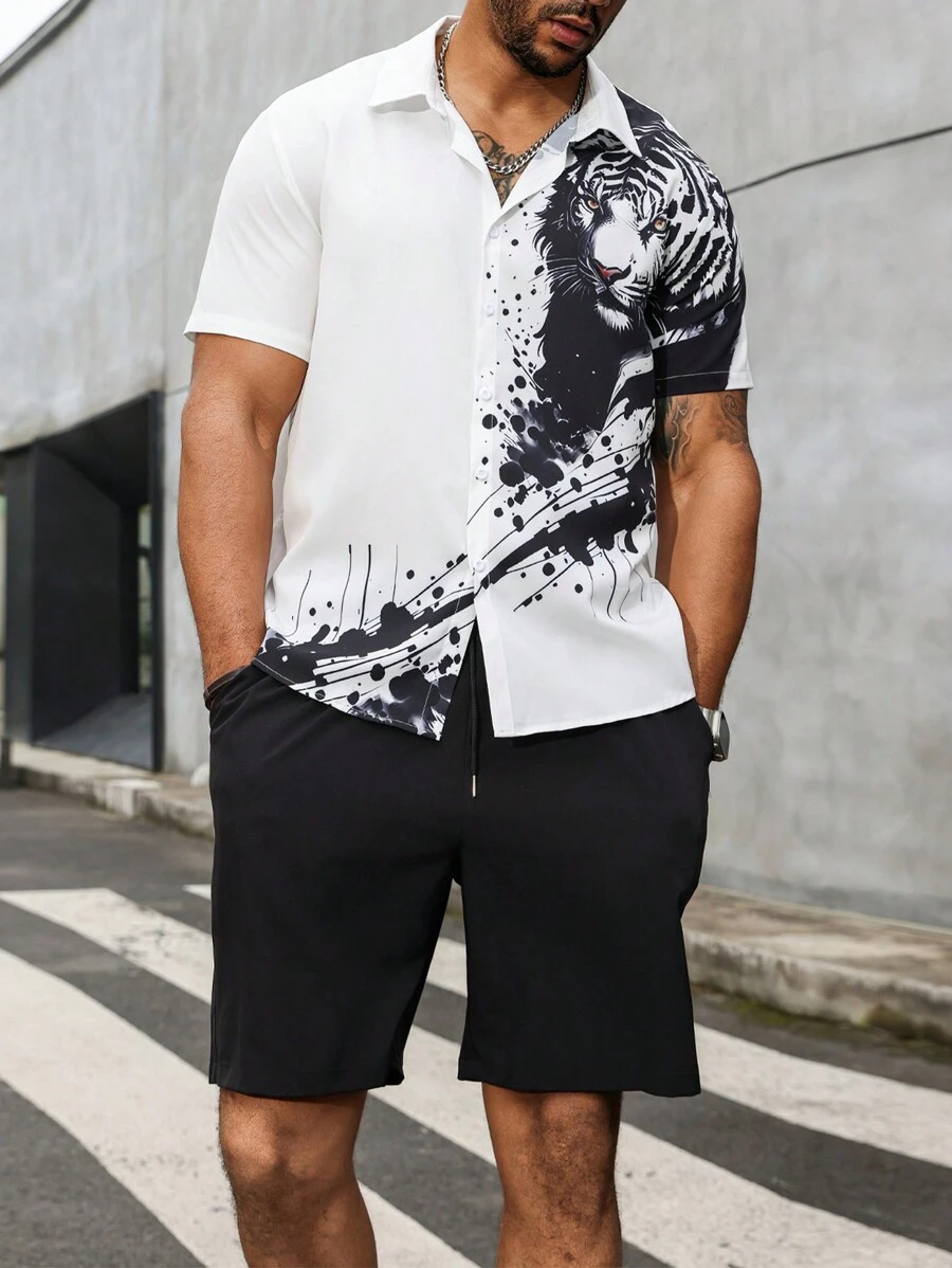 Manfinity LEGND Men's Plus Size Front Button Animal Printed Short Sleeve Shirt And Solid Color Shorts, Summer Casual 2pcs/Set