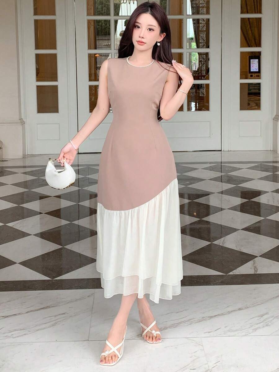 DAZY Ladies' Fashionable Elegant Sheer Mesh Splice Waist Cinched Dress, Birthday Prom Dress,Ruffle