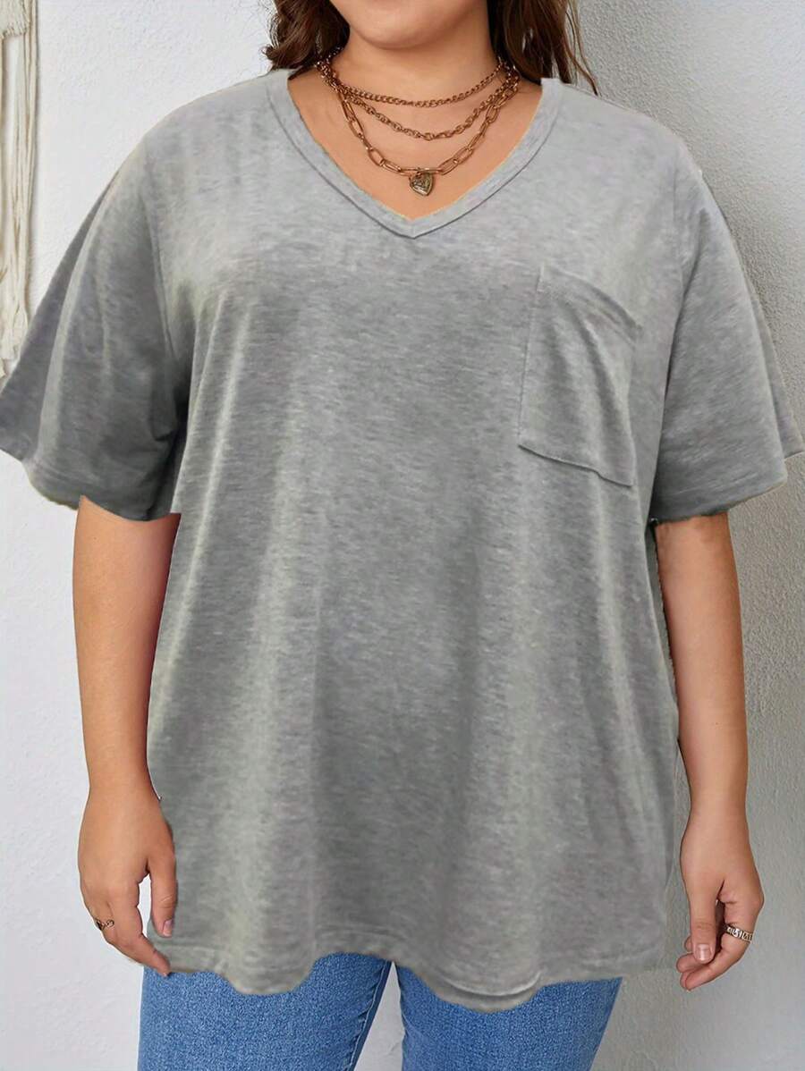 SHEIN LUNE T-shirt décontracté grande taille pour femmes d'été unicolore en couleur avec poche à col en V et manches courtes