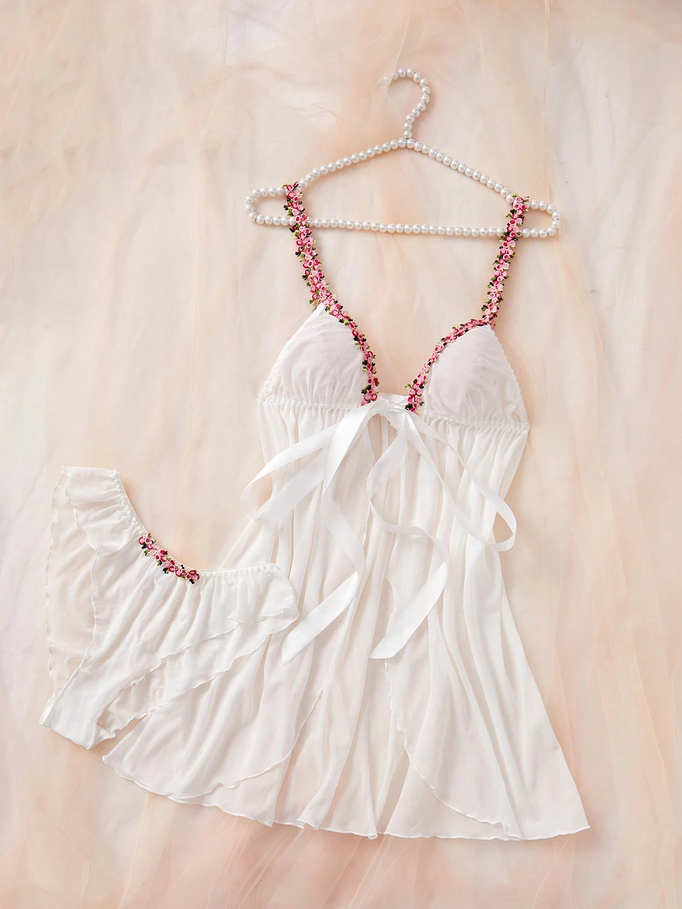 FloralLove فستان نوم نسائي ساخن مزين بالزهور، ديكور ربطة أمامية