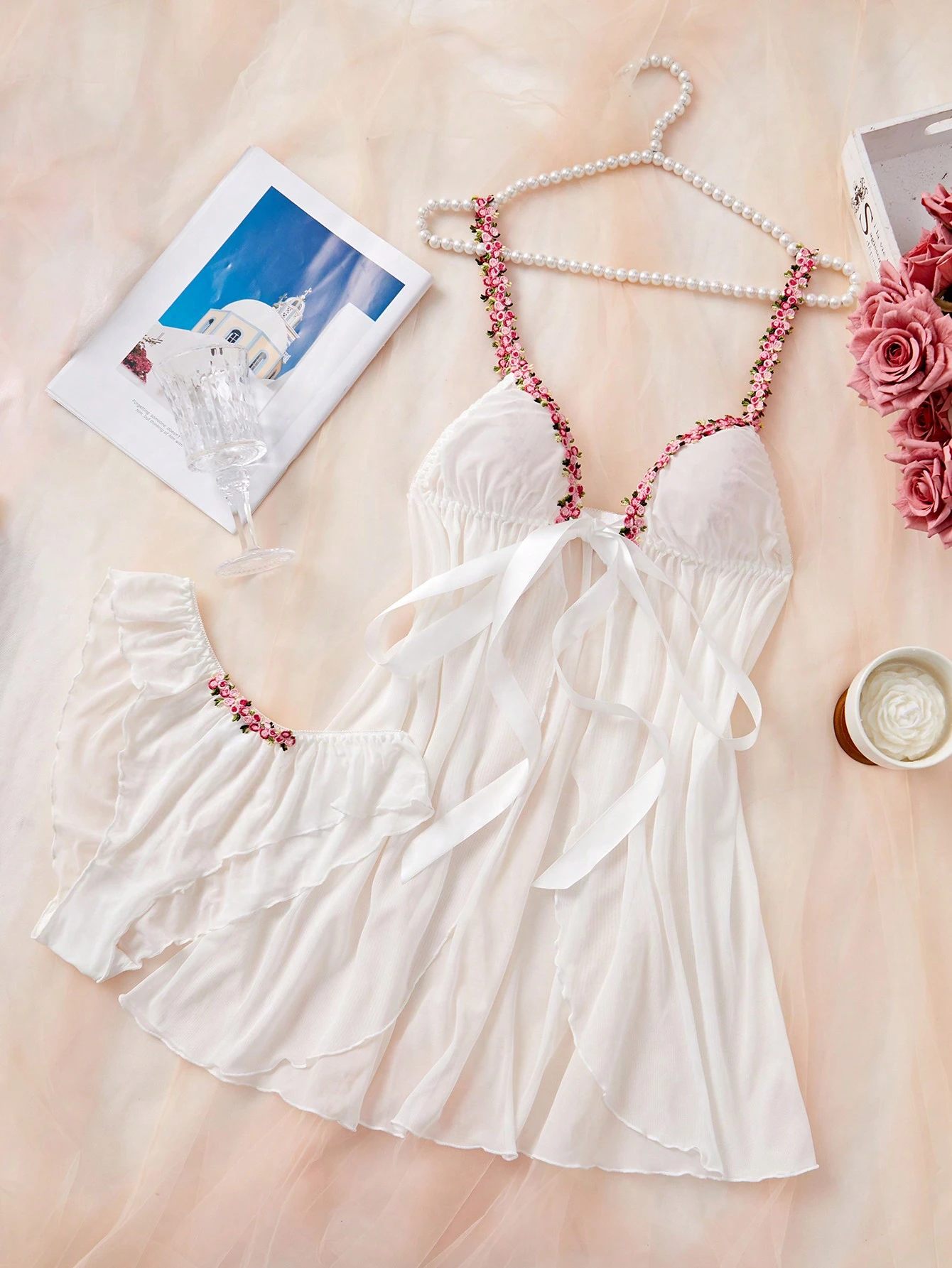 FloralLove فستان نوم نسائي ساخن مزين بالزهور، ديكور ربطة أمامية