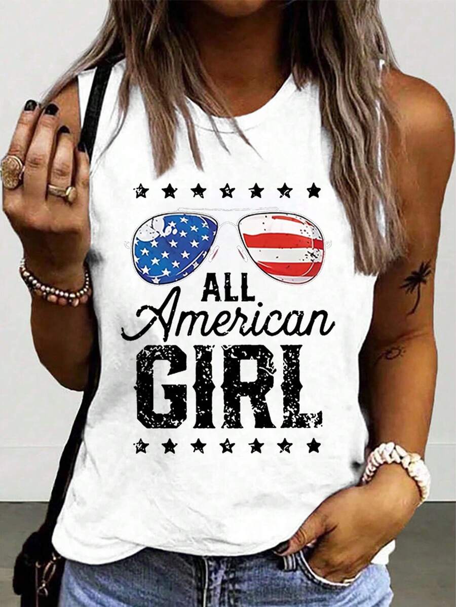 SHEIN LUNE Camiseta sin mangas de moda para mujeres con estampado de bandera americana