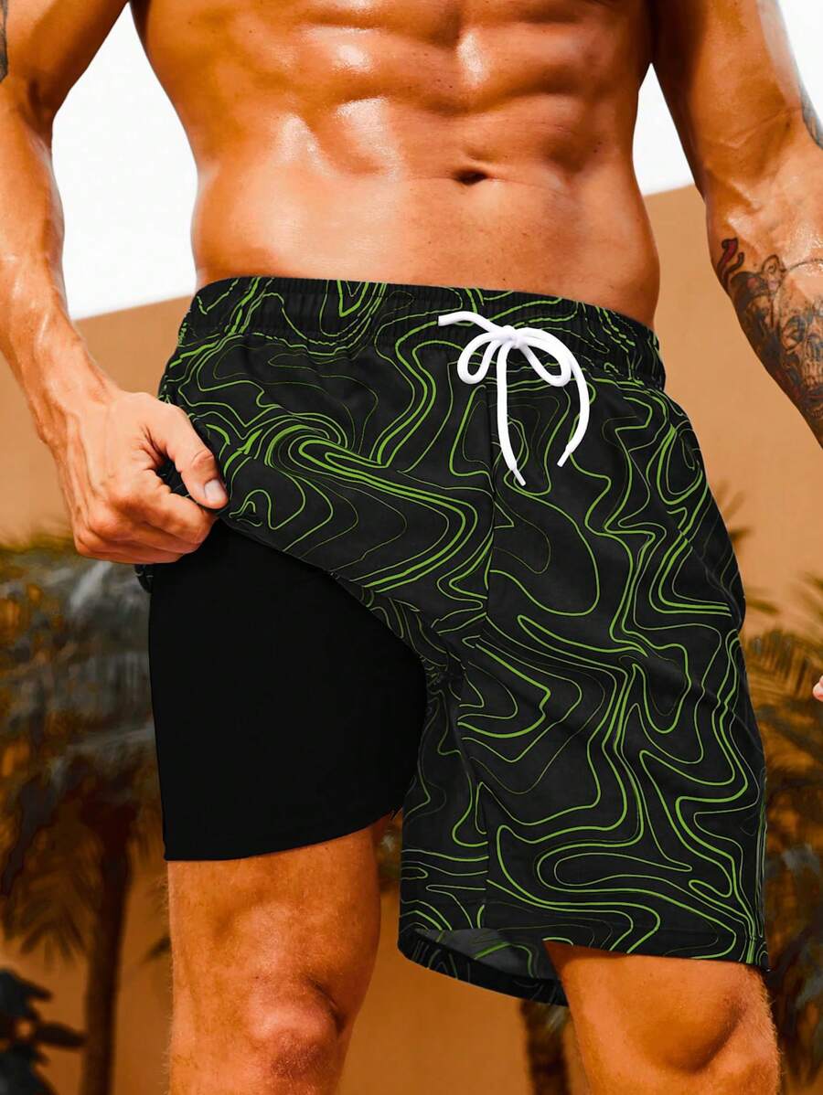 Manfinity Men's Line Printed Drawstring Casual Beach Shorts, Perfect For Holiday Outfit