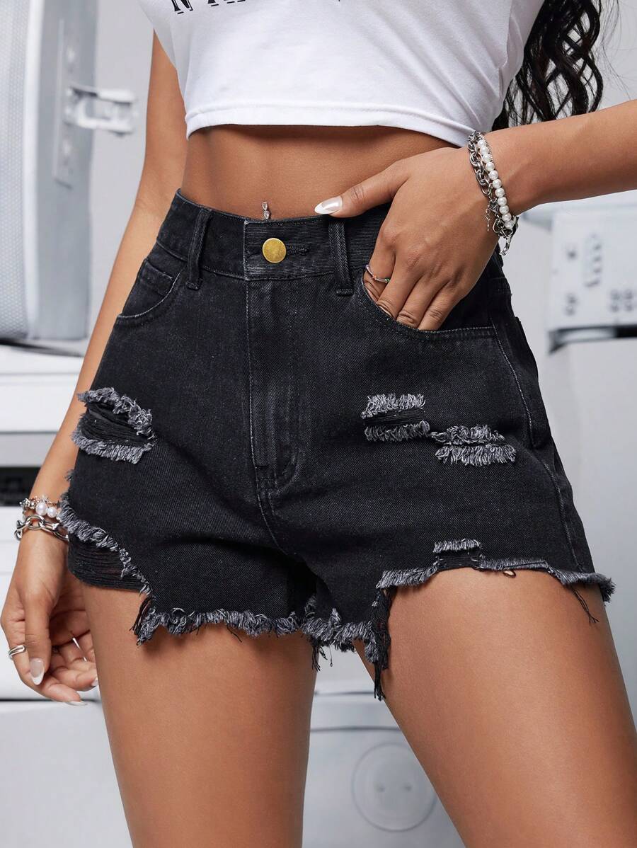 SHEIN PETITE Summer Casual Distressed Frayed Denim Shorts