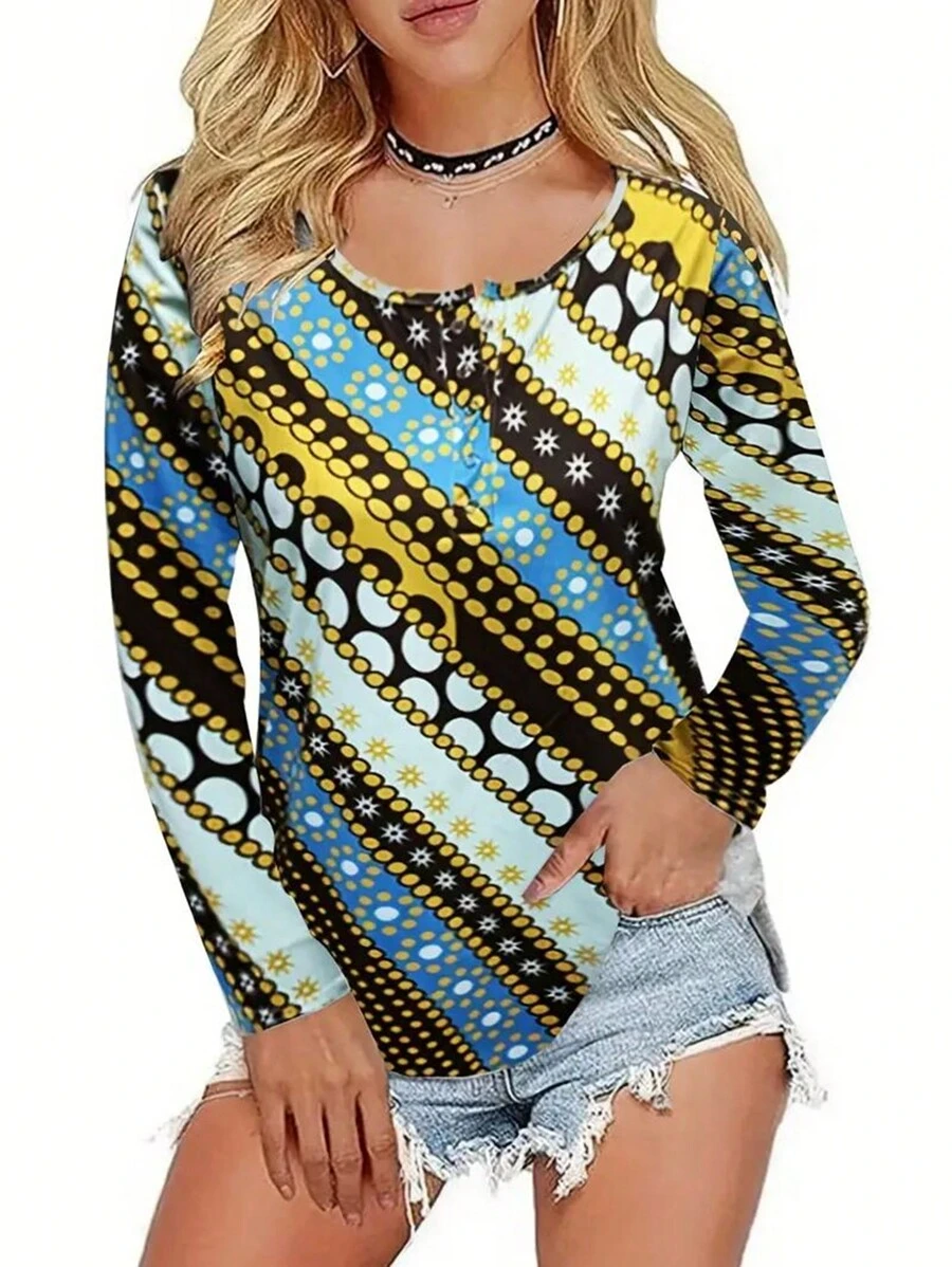 SHEIN LUNE Women's Polka Dot Printed Round Neck Long Sleeve Casual T-Shirt For Spring/Summer