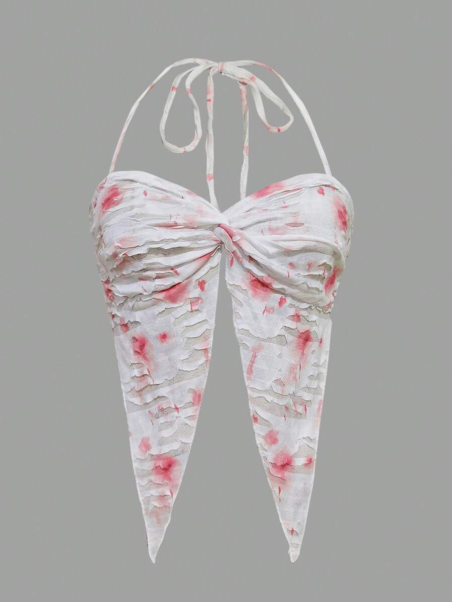 SHEIN Unity 1pc Summer Fashion Tie Dye Twist Backless Halterneck Crop Top