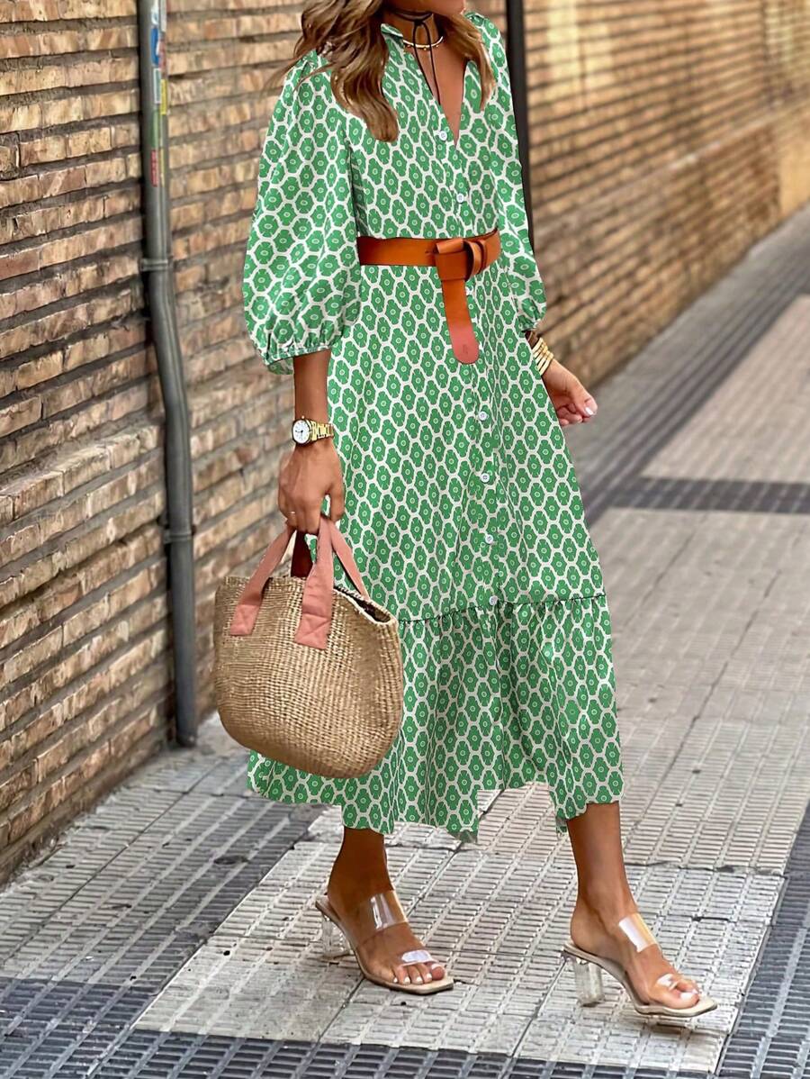 Breezaya Women Summer Floral Print Lantern Sleeve Shirt Dress With Ruffle Hem, Vacation Style