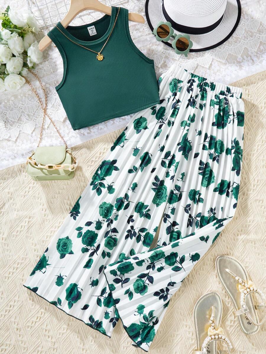 SHEIN Tween Mädchen Sommer-Oberteil in Einfarbig mit Rundhalsausschnitt und plissierter Hose mit weitem Bein und Blumenmuster, lässiges, lockeres 2 Stücke Outfit, Urlaub, Sommer, Reisen