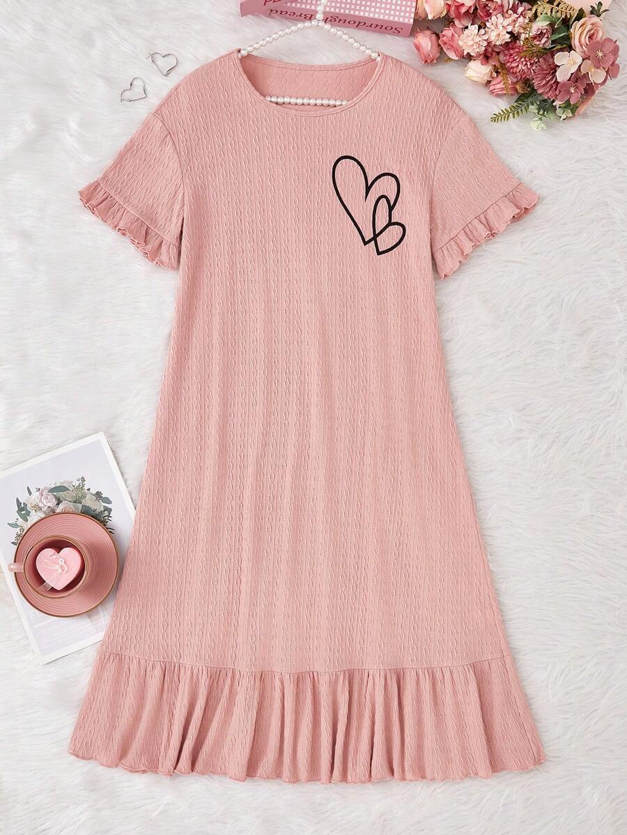 SHEIN Vestido de pijama rosa con estampado de corazones para mujer, cuello redondo, manga corta y dobladillo de volantes, 1 pieza de ropa para estar en casa