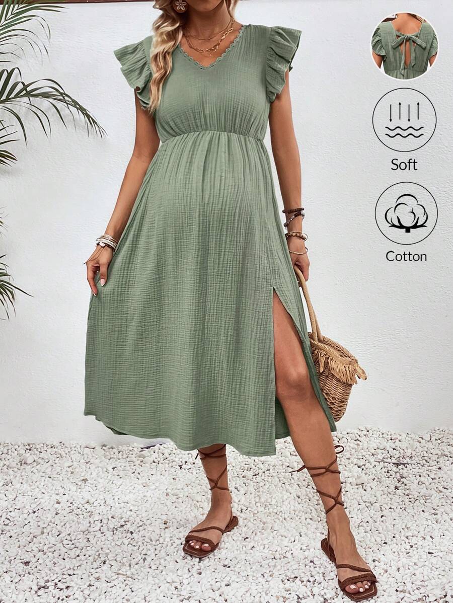 SHEIN Maternity Vacation Casual Solid Color Ruffle Edge High Waist Split Dress