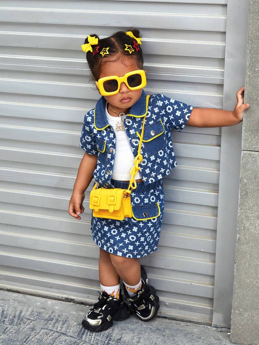 SHEIN Wildeya 3pcs Baby Girls' Denim Top, Short-Sleeve T-Shirt And Skirt Set With Color-Blocking And Full Print Pattern, Fashionable