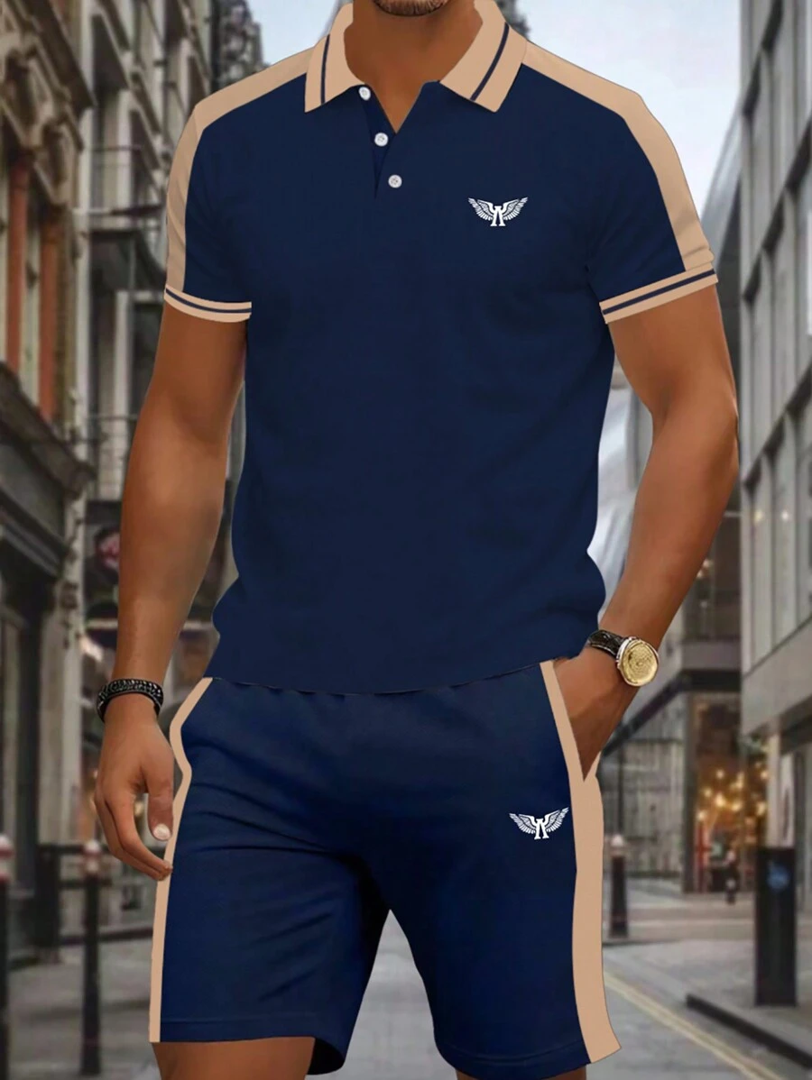 Manfinity Homme Men Color Block Button Half-Open Short Sleeve Polo Shirt And Shorts Summer Casual Suit