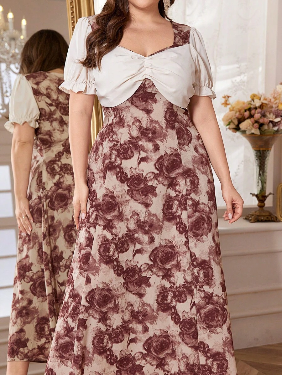 Modelyn Plus Size Women's Elegant Puff Sleeve Printed Summer Dress