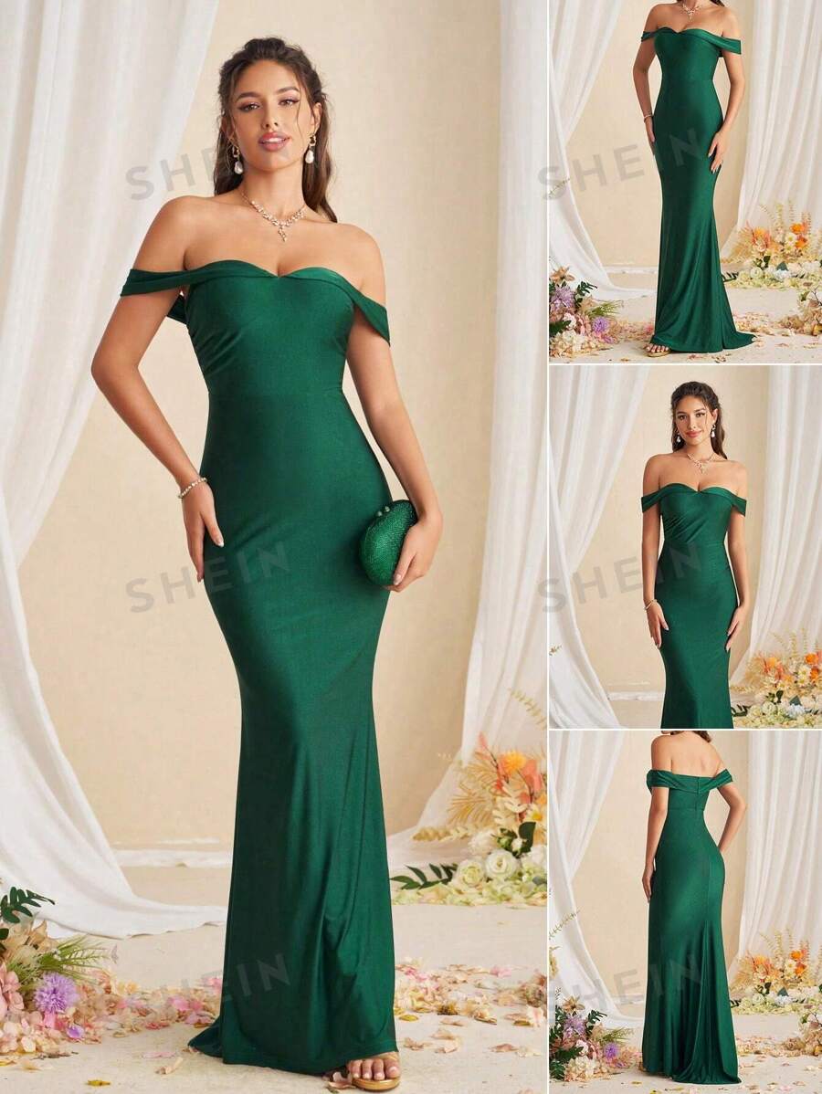 SHEIN Belle Elegante vestido de dama de honor sirena con cintura alta, de manga larga con hombros descubiertos y sin tirantes