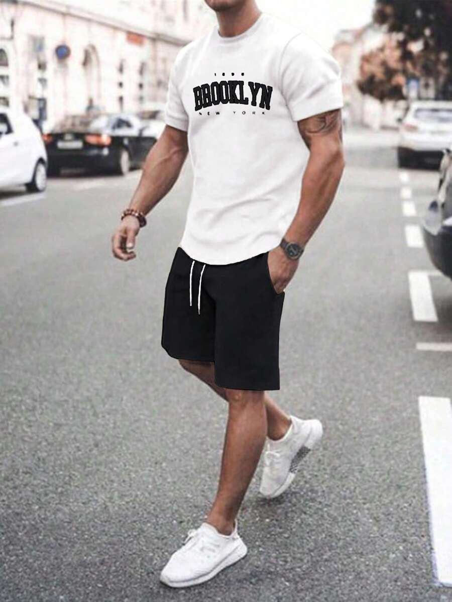 RueChic Camiseta regular com estampa de letras masculinas de algodão e short de duas peças