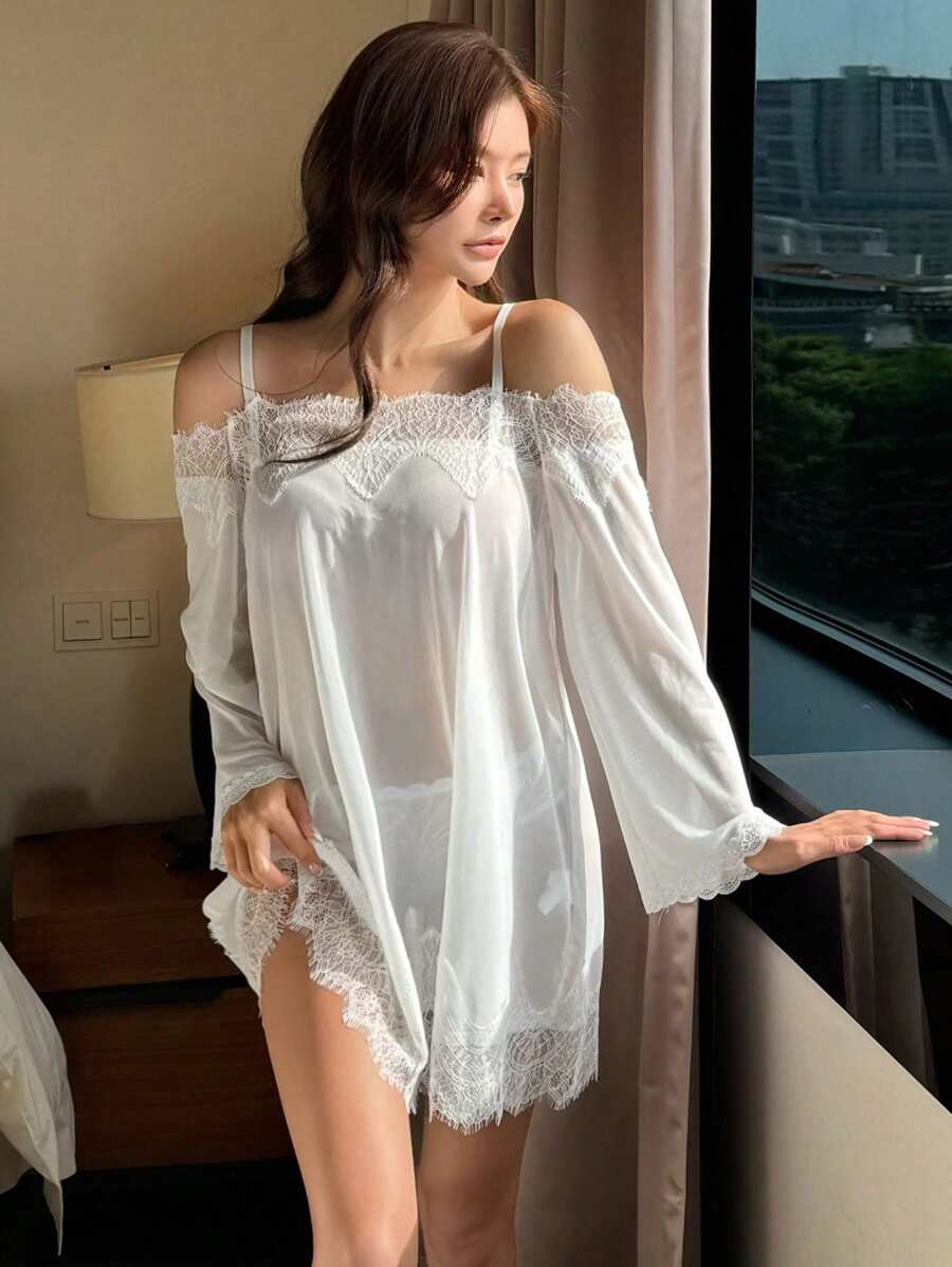 DAZY Mesh And Contrast Lace Sexy Lingerie Nightgown With Spaghetti Straps And Off-Shoulder Sleeves, For Summer