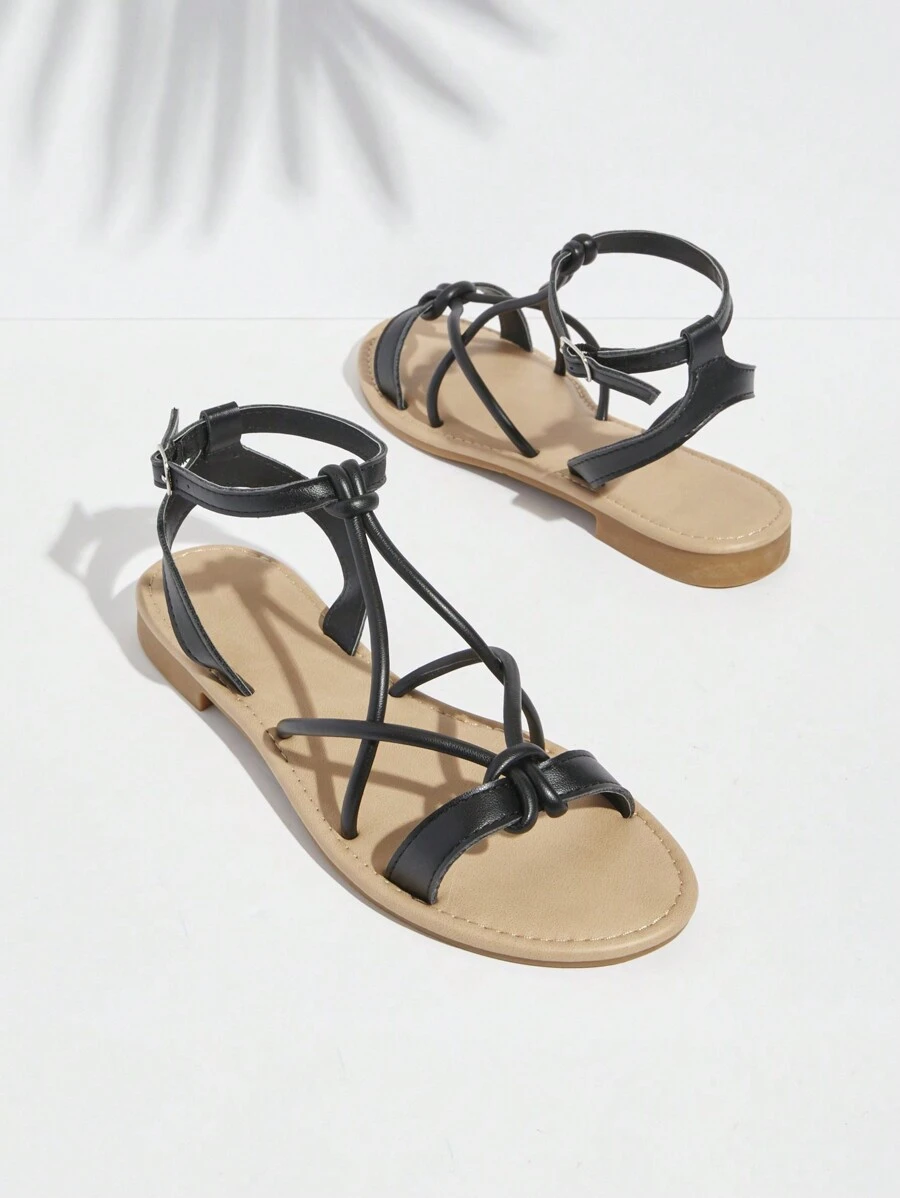 SHUZIA Women Fashionable Solid Color Flat Sandals With Twisted Knot Design