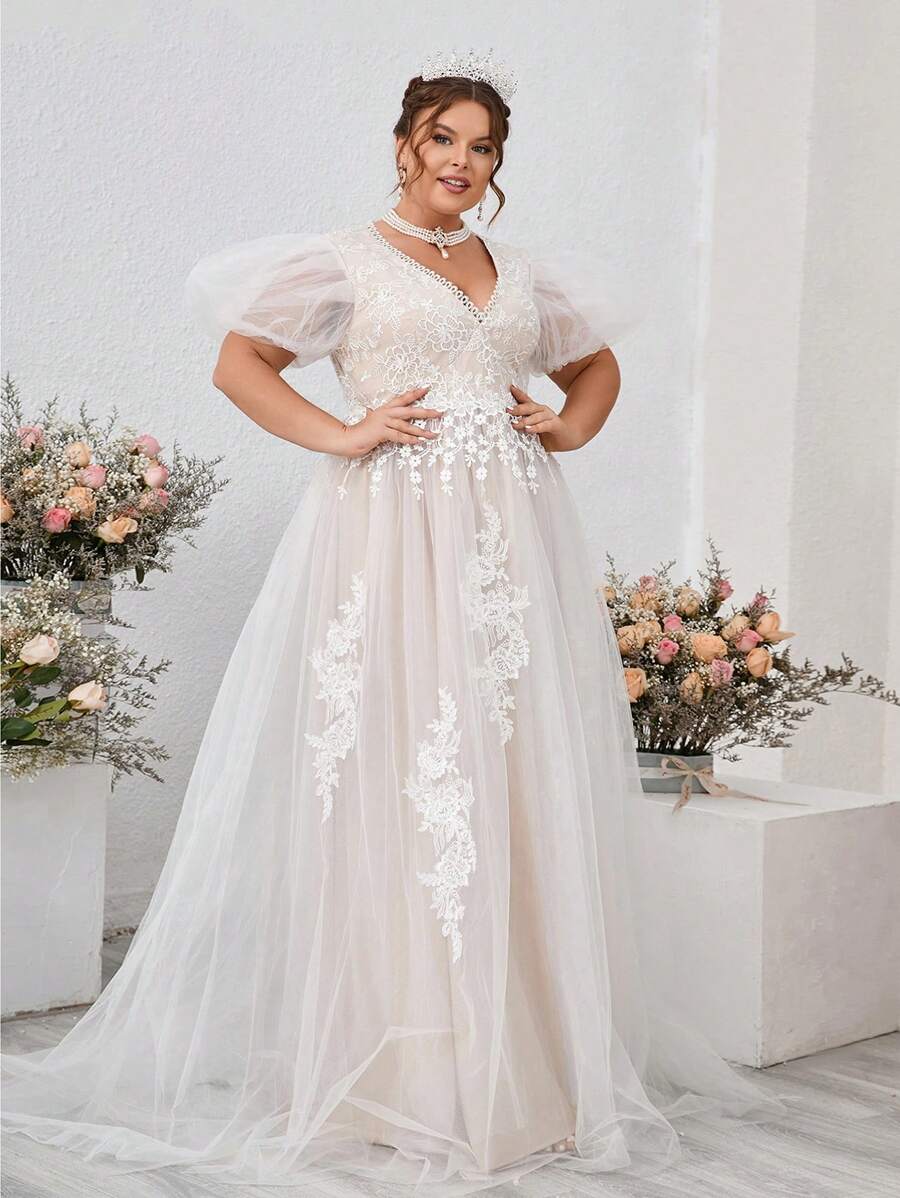 SHEIN Belle Plus Size Heavy Manual Positioning Lace See-Through Sense Of Court Style A Pendulum Princess Style Elegant Bridal Wedding Dresses