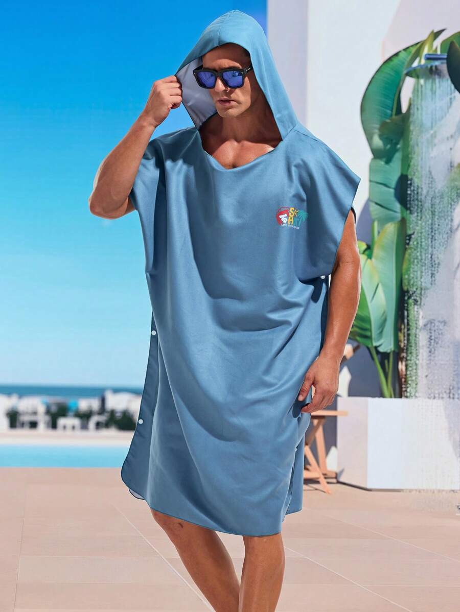 Manfinity Men's Fashionable Loose Button-Up Hooded Cardigan Beach Cover-Up