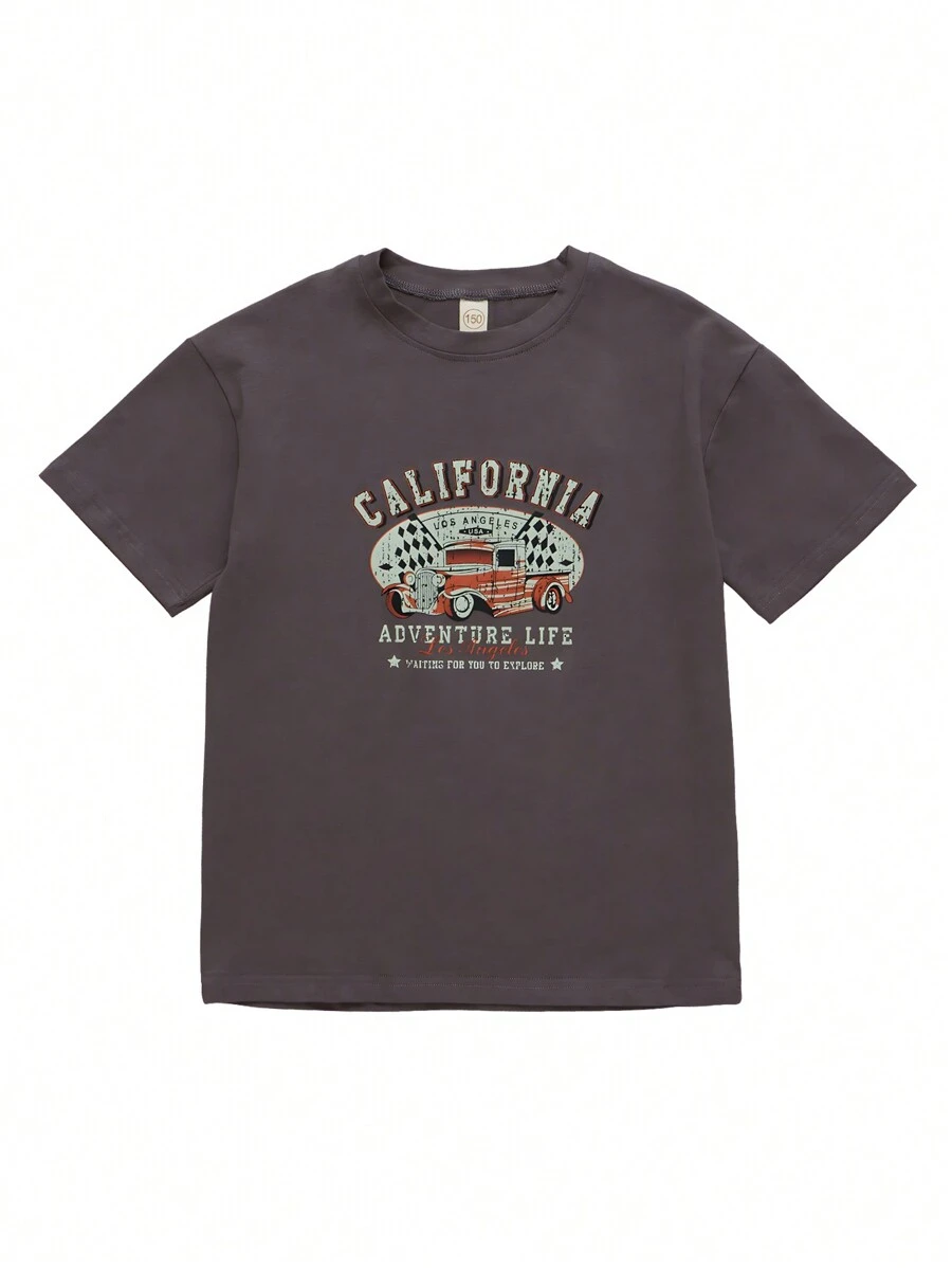 SHEIN Camiseta Gráfica Tween De Letra Y Coche Para Niñas