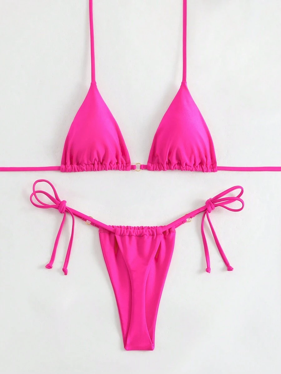 SHEIN Swim Ensemble bikini femme, de couleur unie avec col ras-du-cou et bas en string, parfait pour des vacances à la plage