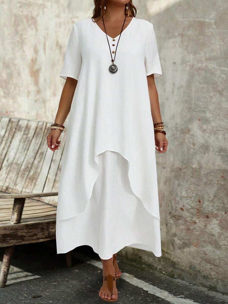 EMERY ROSE Abito asimmetrico a maniche lunghe e corte di moda per taglie forti da donna