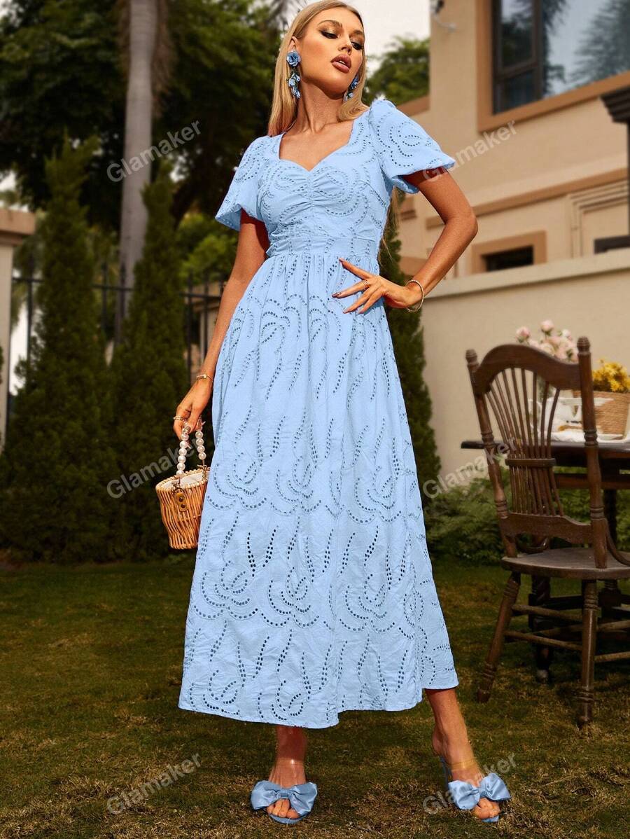 Glamaker Women's Sweetheart Neck Short Bubble Sleeve Burnt-Out Floral Embroidery Dress