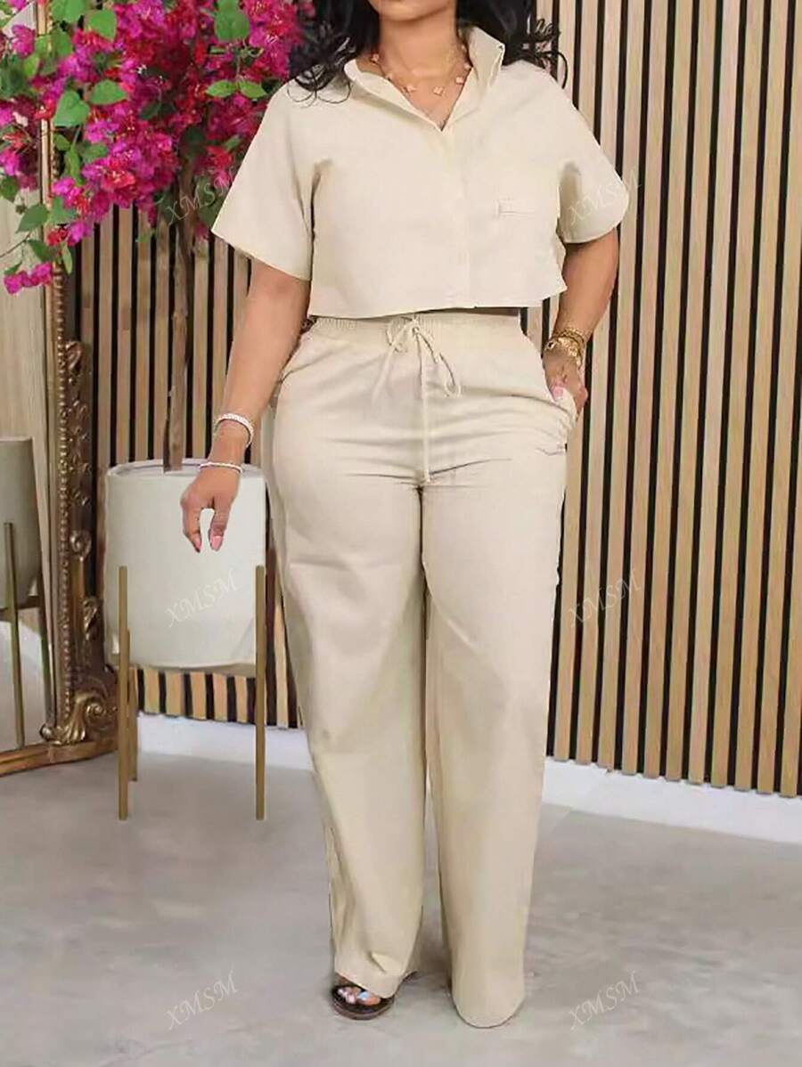 2 pièces Ensemble casual en lin: Top de chemise à manches courtes et pantalon large, automne