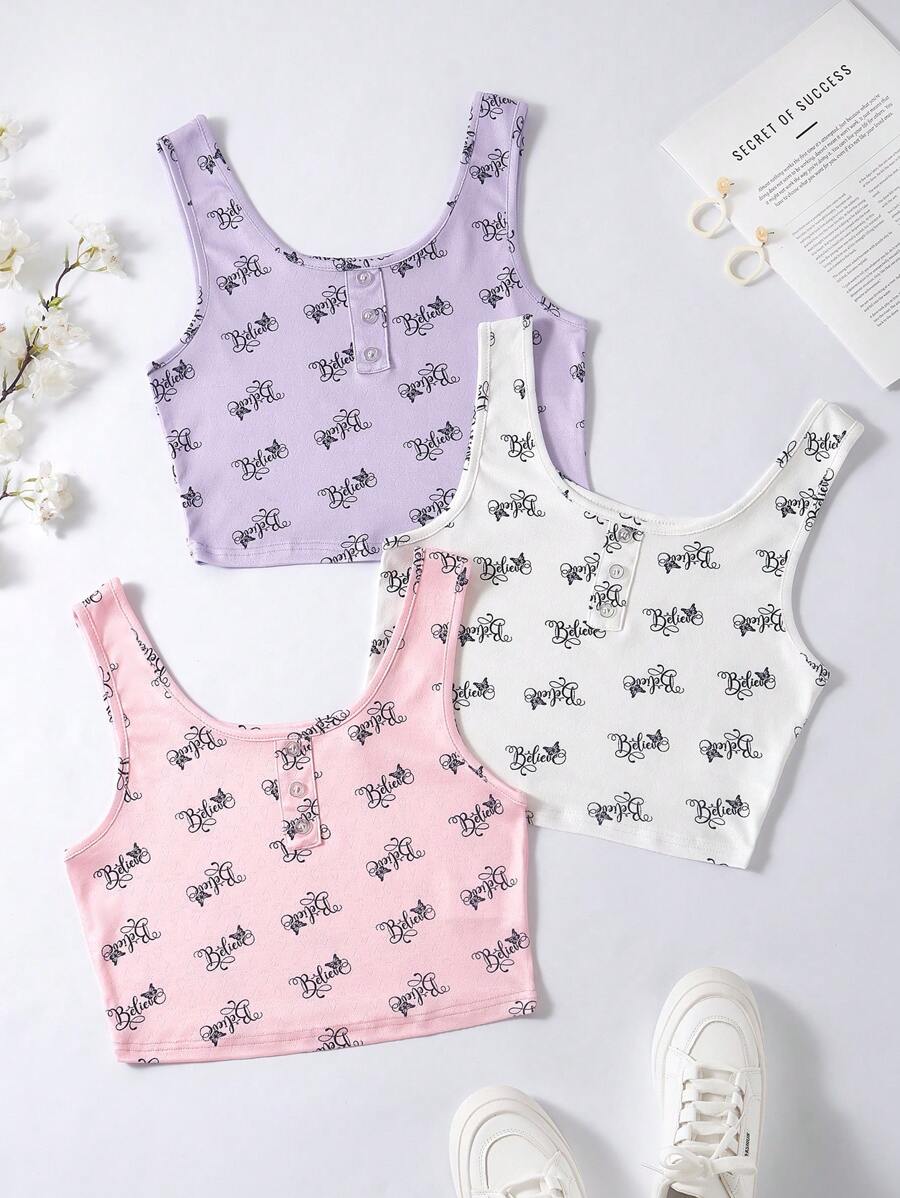 Shein Underwear&Sleepwear Basics Top de pijama para mujer con botones y estampado de letras, 3 piezas/paquete con patrón floral pequeño