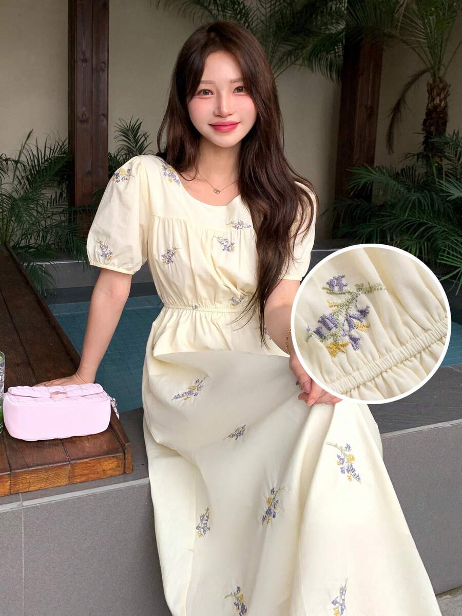 DAZY Kobiety Wakacje Bohemian Ditsy Floral Puff Sleeve Cinched Waist Dress Sukienka Letnia, Casual Women Dresses