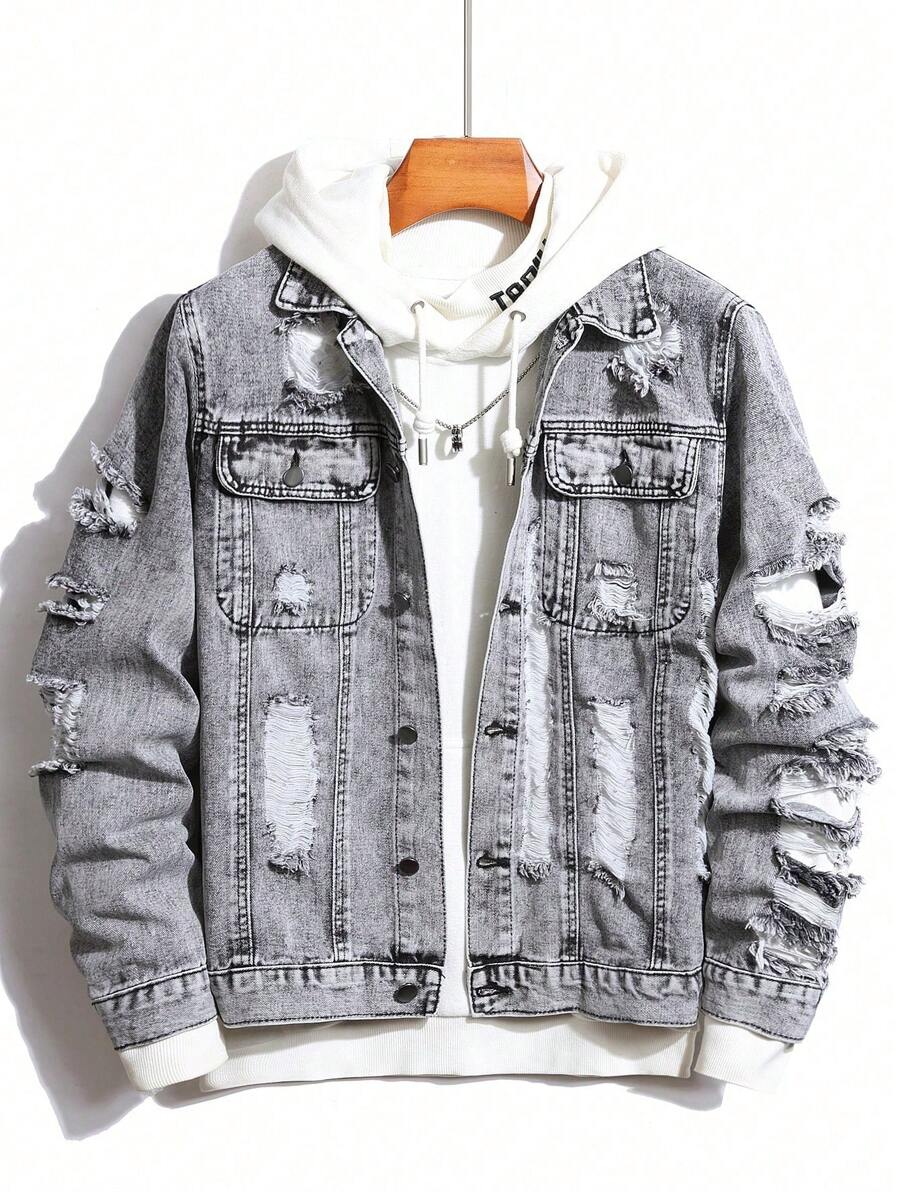 Manfinity EMRG Men Ripped Flap Pocket Denim Jacket Without Hoodie, Plain Grey Party Grunge Rapper Denim Jacket