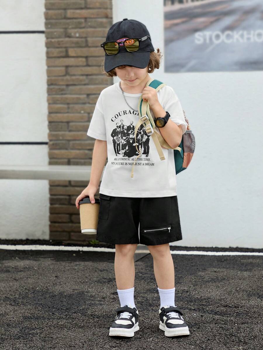 SHEIN 2 Stücke/Set lässige Hose und Outfit mit Reißverschluss-Deko für kleine Jungen