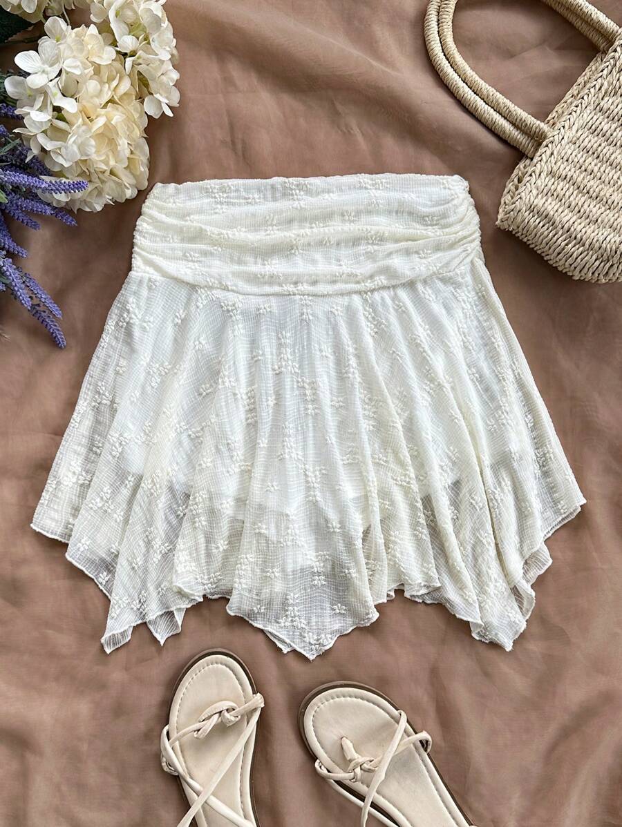 Soleia Falda de punto de dobladillo asimétrico WYWH para vacaciones, falda blanca, falda de talle alto estilo A, adecuada para verano, graduación, boda